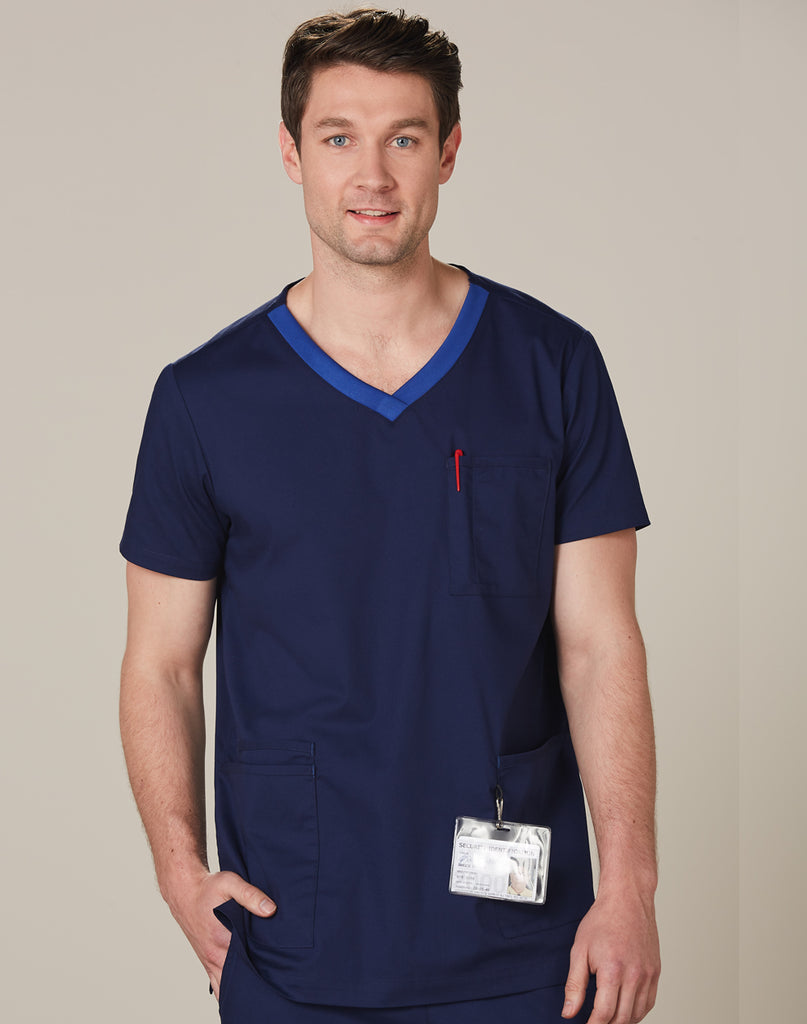 Winning Spirit Mens V-neck Contrast Trim Scrub Top (M7650 )