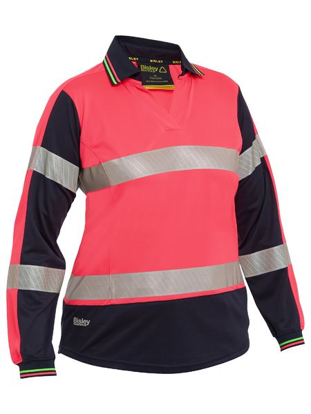 Bisley Womens Long Sleeve Taped Two Tone Hi Vis V-neck Polo (BKL6225T)