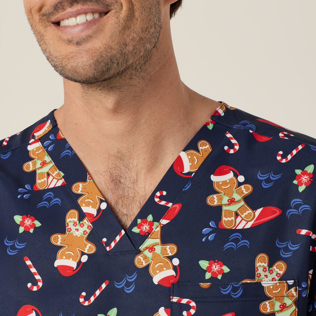 NNT Uniforms Xmas Gingerbread Surfer Print Scrub Top (CATRST)