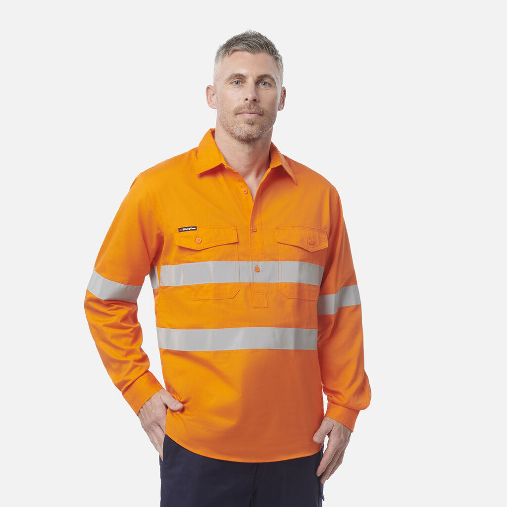 King Gee Workcool 2 Hi-Vis Reflective Closed Front Shirt Long Sleeve (K54896)