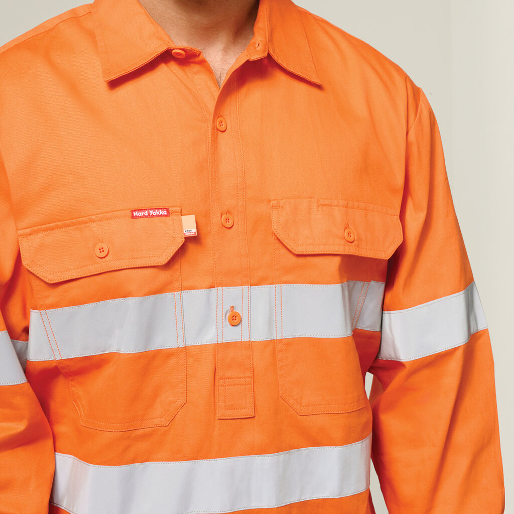 Hard Yakka Hi-Vis Closed Front Taped Long Sleeve Cotton Drill Shirt (Y07899)