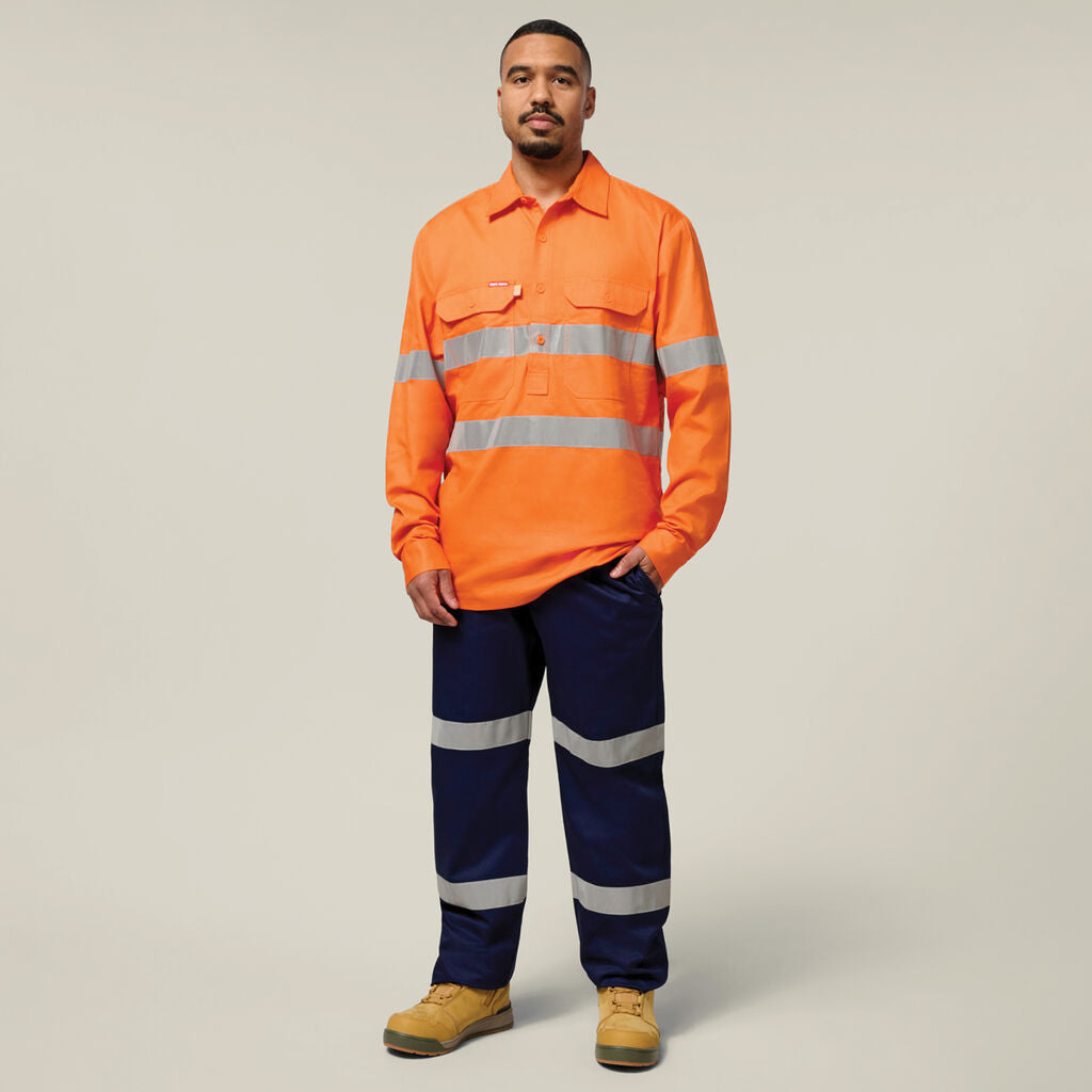 Hard Yakka Hi-Vis Closed Front Taped Long Sleeve Cotton Drill Shirt (Y07899)