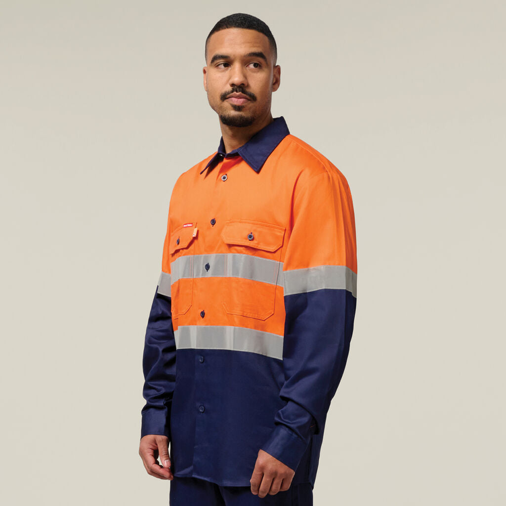 Hard Yakka Hi-Vis 2 Tone Long Sleeve Taped Cotton Drill Shirt (Y07990)